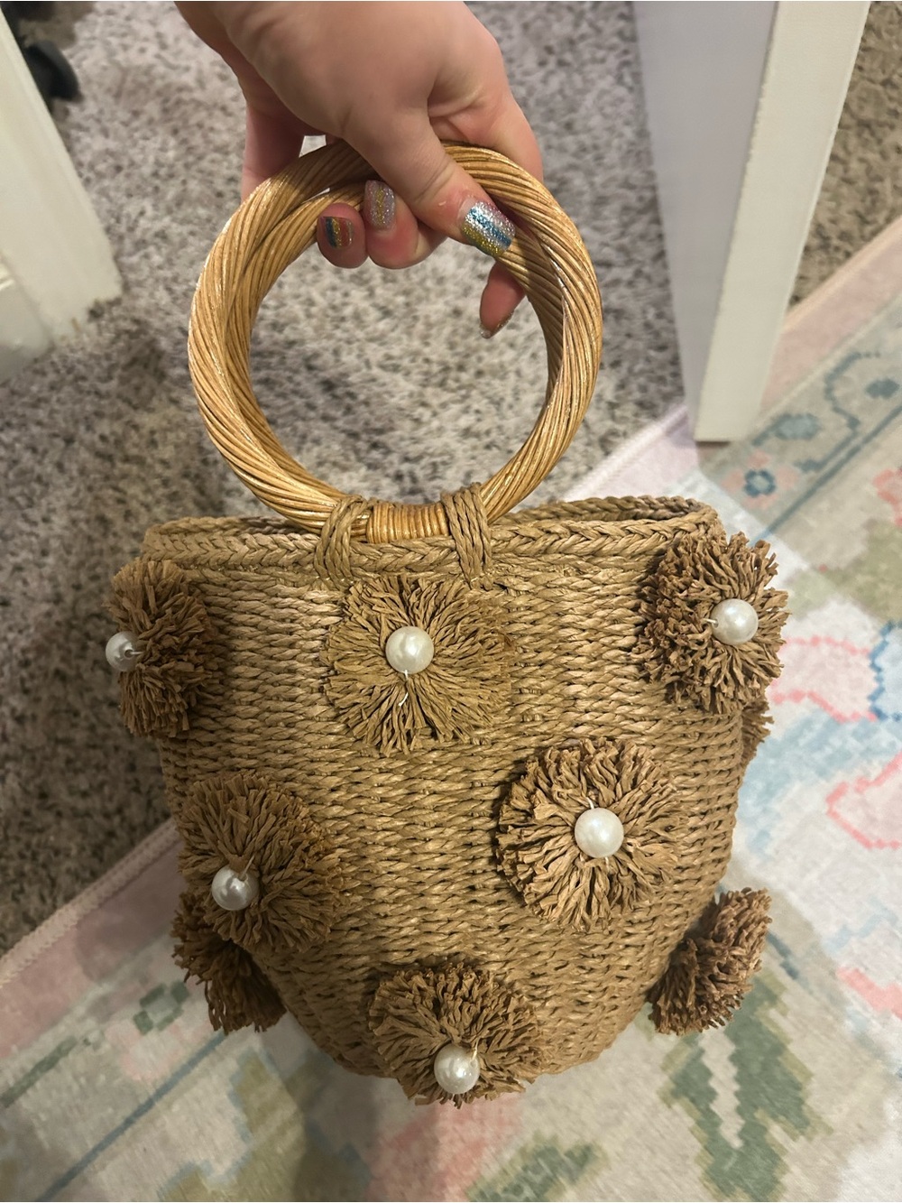 Amazon Tan Straw Tote with Pearl Pom Accents - Picture 2 of 2